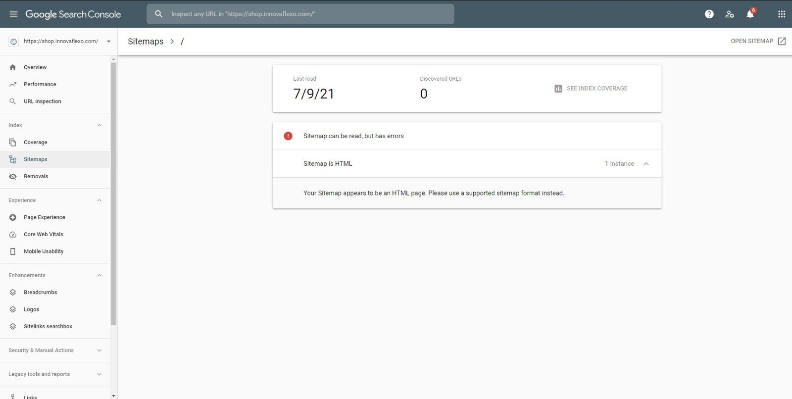 Google Search Console sitemap not found error and sitemap submission screen